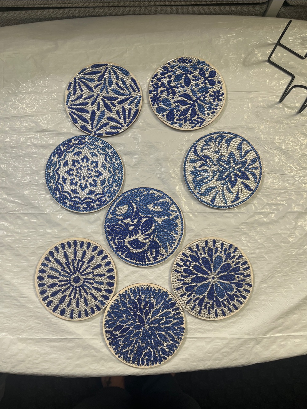 Blue and White Handcrafted Mosaic Coasters - Set of 8